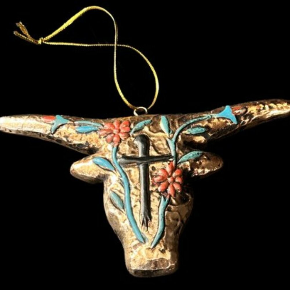 Vintage longhorn Skull with cross and flowers
